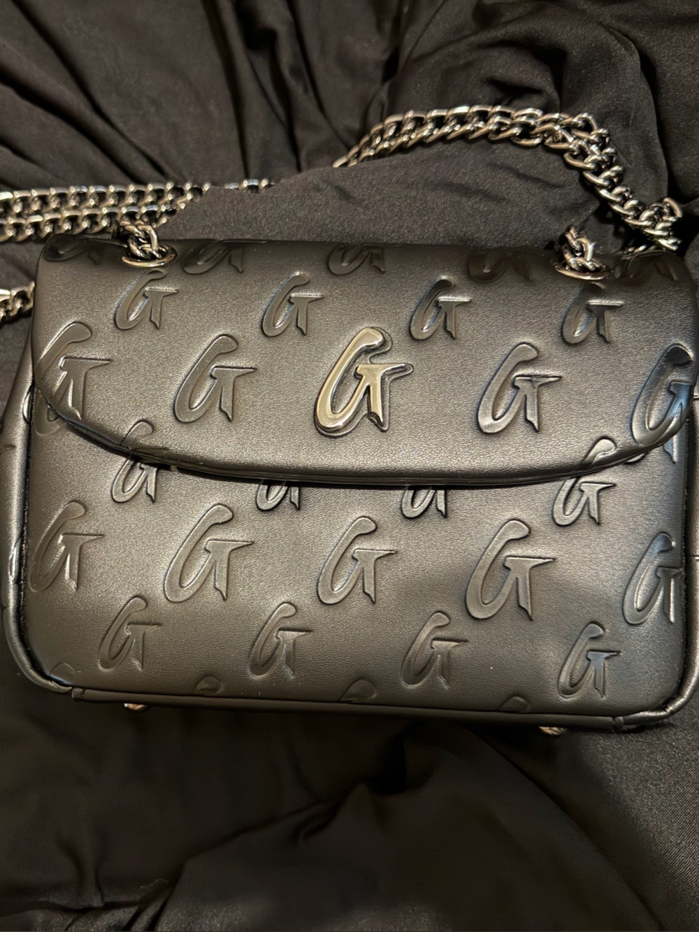 Embossed Quilted Crossbody Bag with Chain Strap - Black